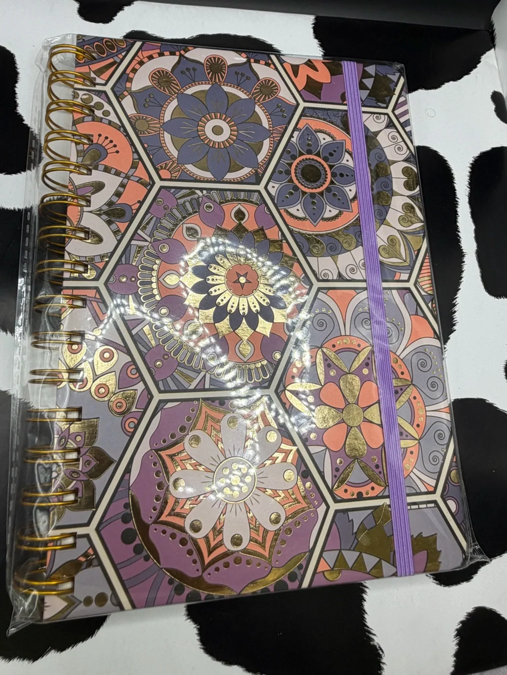Floral Hexagon Spiral Notebook with Purple Elastic